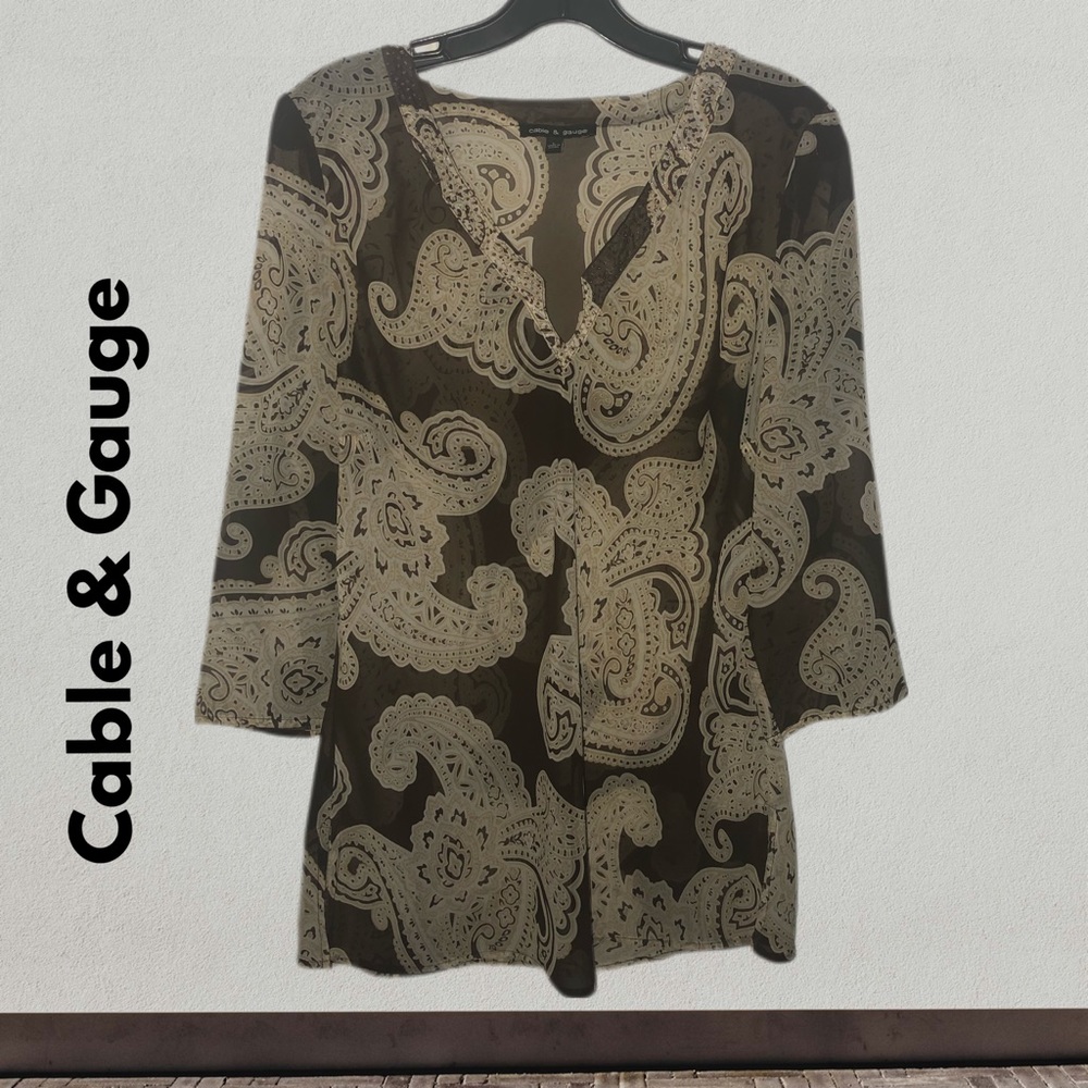 CABLE & GAUGE - M BEIGE & BRN SHEER TOP 3/4 sleeve